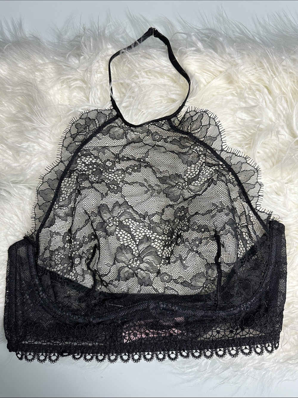 NWT Victoria’s Secret Black Lace High Neck Underwire Bra 34D/DD Sheer Halter - Picture 2 of 7
